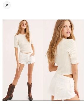 Free People White Low-Rise Distressed Denim Shorts